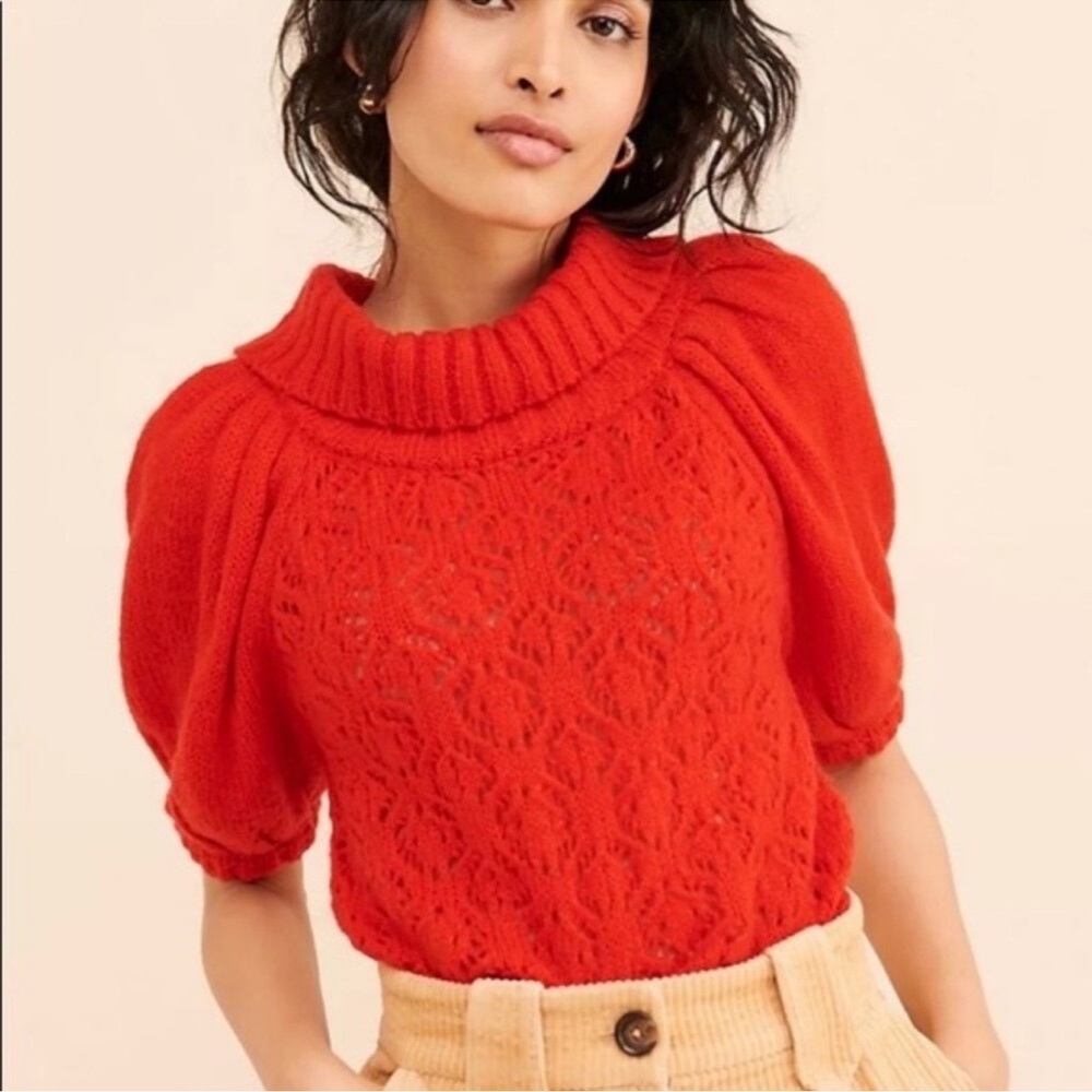 FOR LOVE AND LEMONS RED FRANCOIS PUFF SLEEVE POINTELLE COWL NECK SWEATER SM